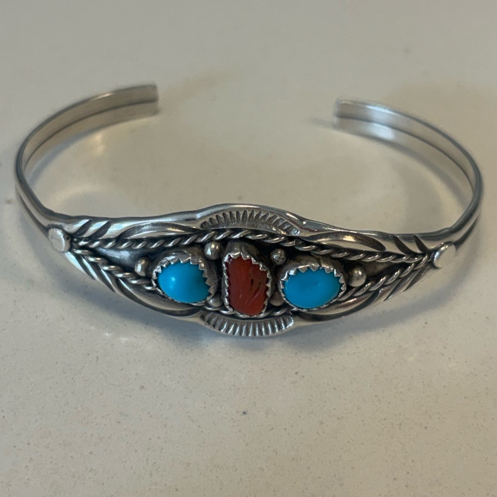J. Bahe Signed Navajo  Sterling Silver Turquoise & Coral Cuff Bracelet Vintage